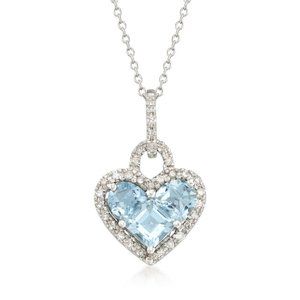 Aquamarine Diamond Heart Sterling Silver Necklace
